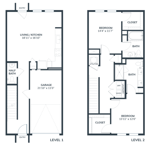 Floor plan for 2 beds, 2 baths, 1295 sqft